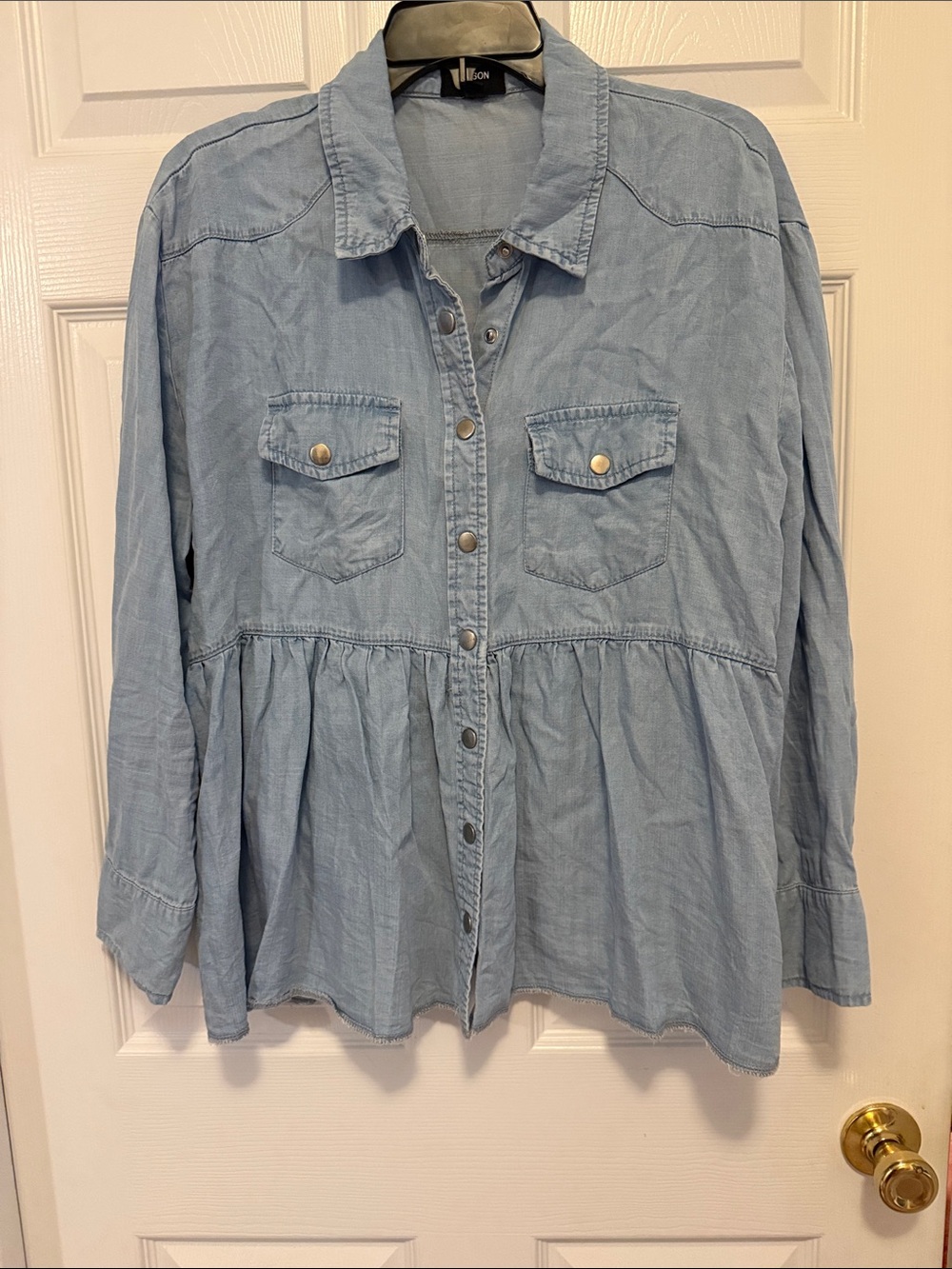 Light Blue Denim Button-Down Peplum Shirt